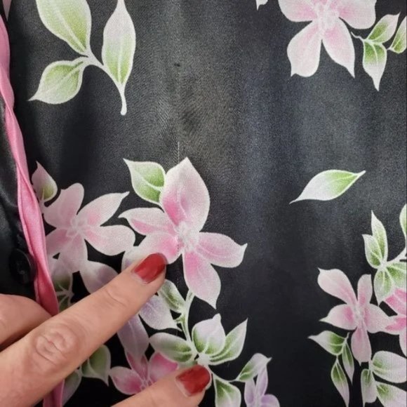 Black Floral Satin PJ Set Pajama Set Womens Size L Button Up Elastic Waist Pant - Picture 3 of 5